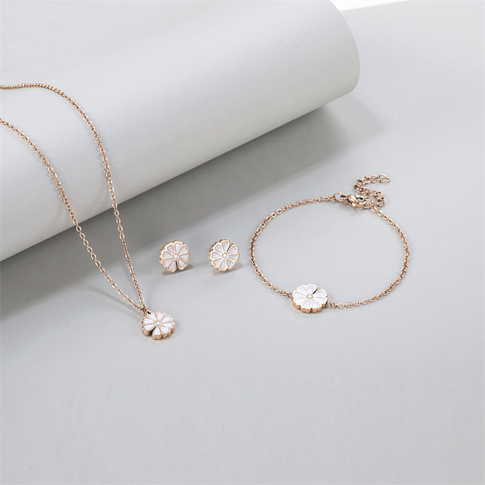 Casual Cute Simple Style Daisy Stainless Steel Epoxy Plating Inlay Diamond Rose Gold Plated Bracelets Earrings Necklace