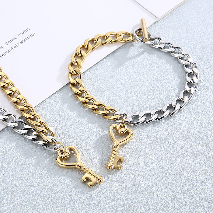 Ensemble de collier et bracelet avec pendentif clé en acier inoxydable, Vintage européen et américain, vente en gros