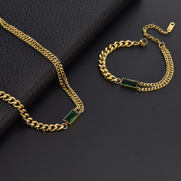 Streetwear carré titane acier placage incrustation diamant artificiel Bracelets boucles d'oreilles collier