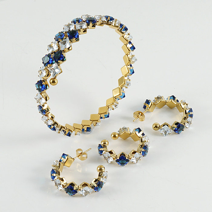 Mode carré titane acier placage incrustation strass anneaux Bracelets boucles d'oreilles 1 ensemble