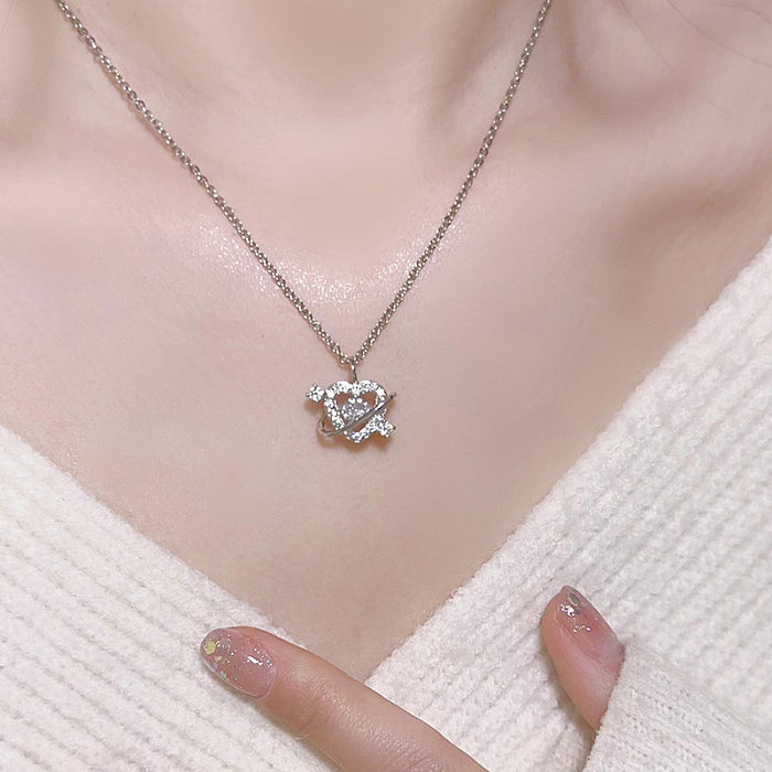Simple Style Heart Shape Titanium Steel Copper Plating Inlay Zircon White Gold Plated Pendant Necklace