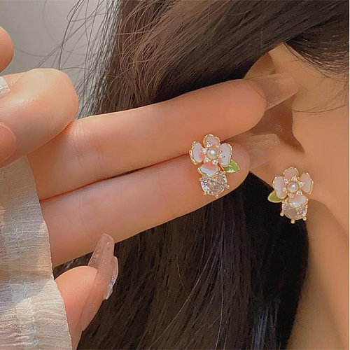 1 Pair French Style Sweet Flower Inlay Copper Zircon 14K Gold Plated Ear Studs