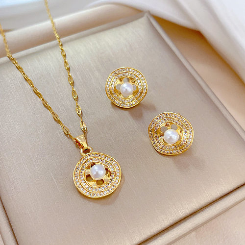 Elegante geometrische Titanstahl-Kupfer-Inlay-künstliche Perlen-Zirkon-Ohrring-Halskette