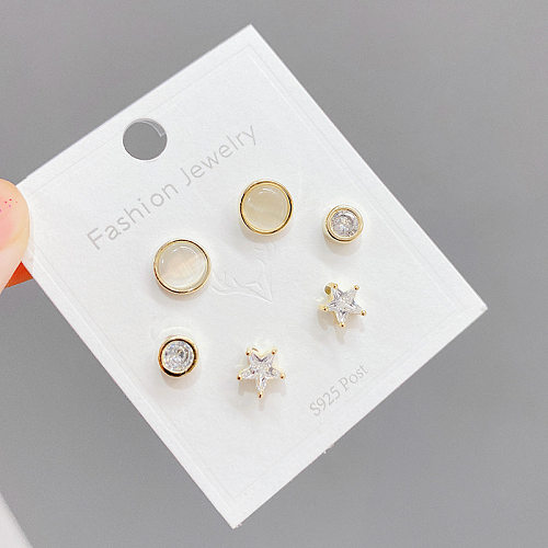 3 Pairs INS Style Pentagram Round Copper Inlay Opal Zircon Ear Studs