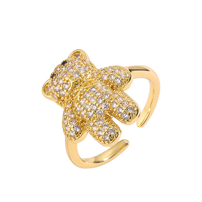 Luxuoso pinguim animal urso chapeamento de cobre incrustado zircão anéis abertos banhados a ouro