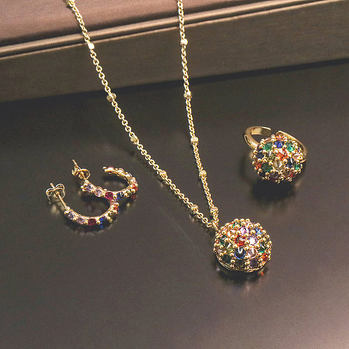 Luxurious Geometric Copper Inlay Zircon Rings Earrings Necklace
