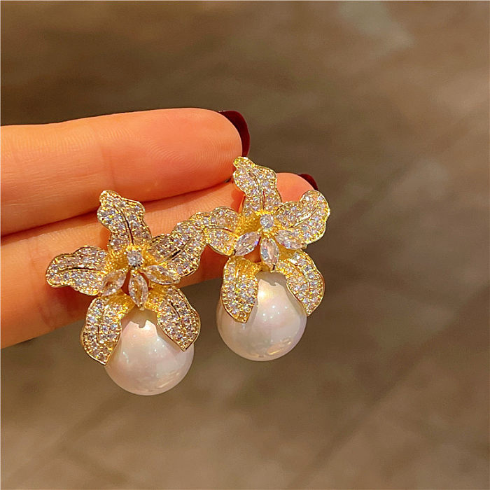1 Pair Elegant Lady Flower Plating Inlay Imitation Pearl Copper Zircon Earrings