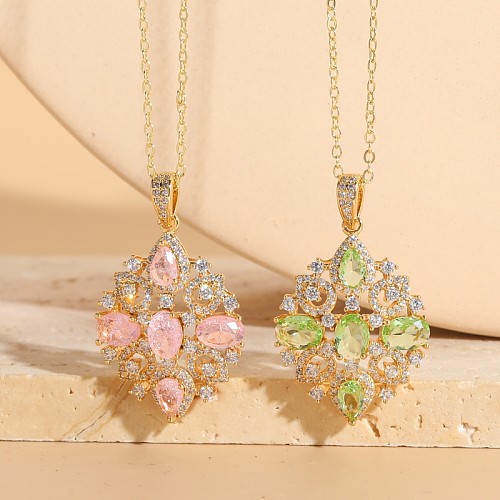 Elegant Luxurious Classic Style Geometric Copper Plating Inlay Zircon 14K Gold Plated Pendant Necklace