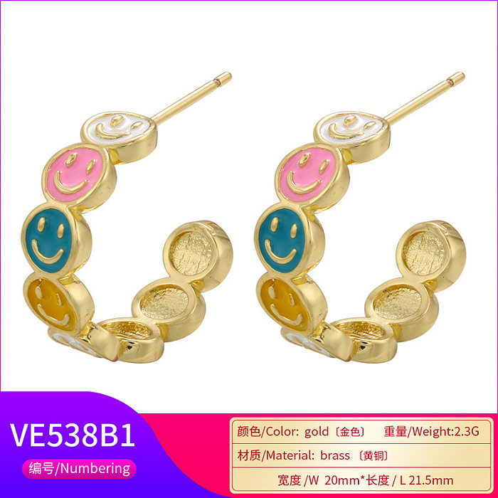 Colorful Dripping Smiley Face C-shaped 18K Gold-plated Copper Earrings