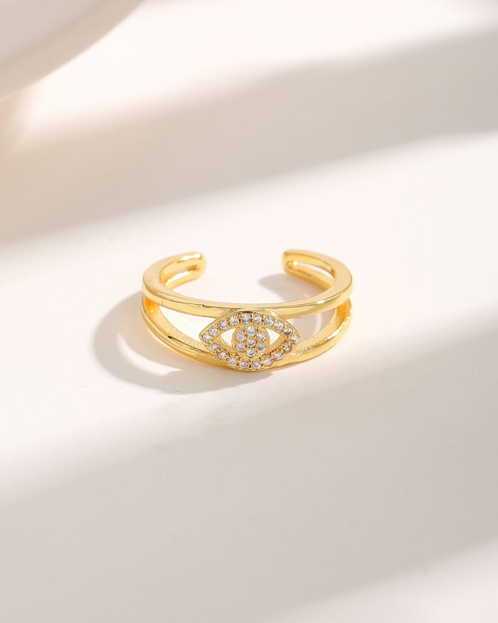 Estilo moderno comutar olho ginkgo folha cobre chapeamento oco incrustação zircão 18k banhado a ouro anéis abertos