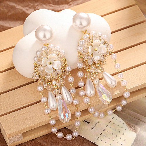 1 Pair Exaggerated Vacation Water Droplets Flower Epoxy Inlay Imitation Pearl Copper Shell Drop Earrings