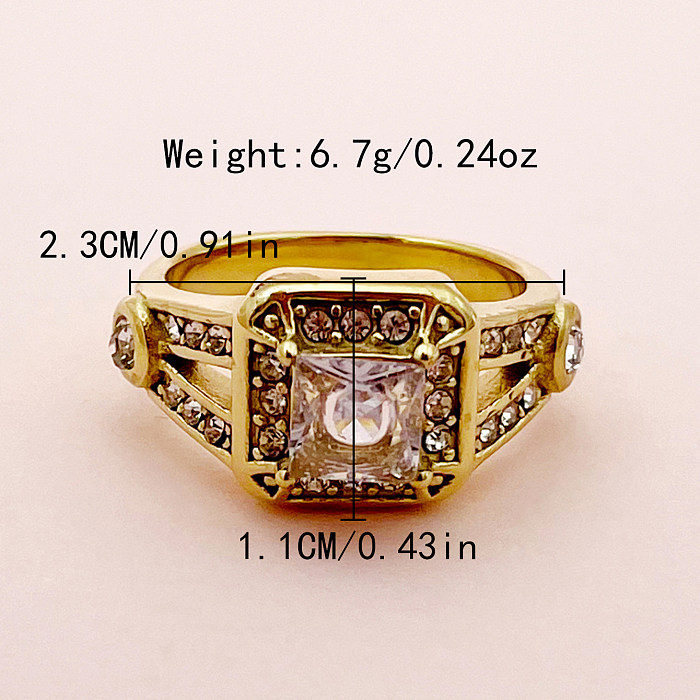 Modern Style Square Stainless Steel Plating Inlay Rhinestones Zircon Gold Plated Rings