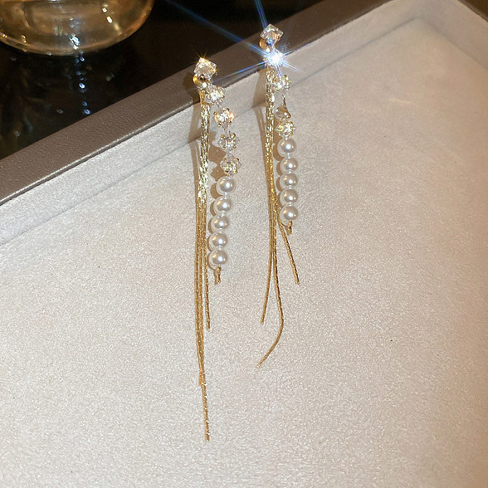 1 Pair Streetwear Geometric Butterfly Bow Knot Copper Inlay Rhinestones Pearl Drop Earrings