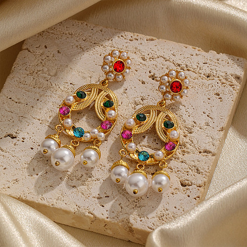 Boucles d'oreilles pendantes rétro, 1 paire, placage géométrique, incrustation de cuivre, perles artificielles, Zircon plaqué or 14 carats