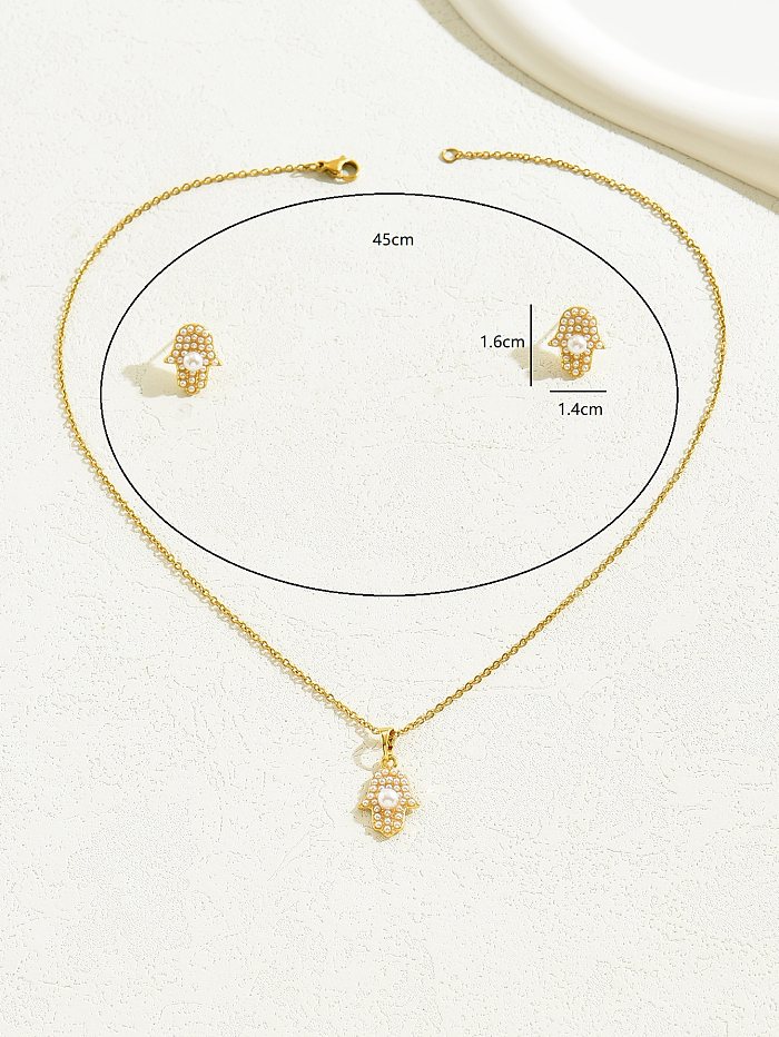 Elegant Simple Style Palm Stainless Steel Plating Inlay Artificial Pearls Gold Plated Jewelry Set