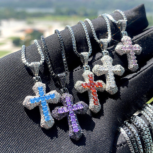 Hip-Hop-Kreuz-Kupfer-Inlay-Zirkon-Anhänger-Halskette