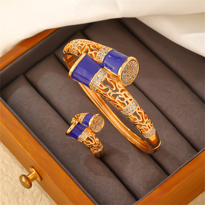 Casual Elegant Glam Geometric Round Copper Enamel Plating Inlay Zircon Gold Plated Rings Bracelets