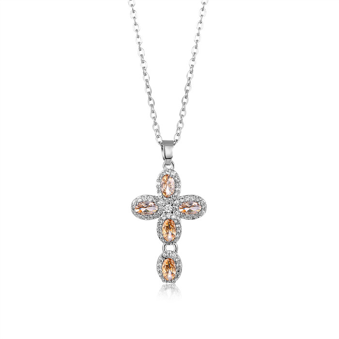 Retro Simple Style Cross Copper Zircon Pendant Necklace In Bulk