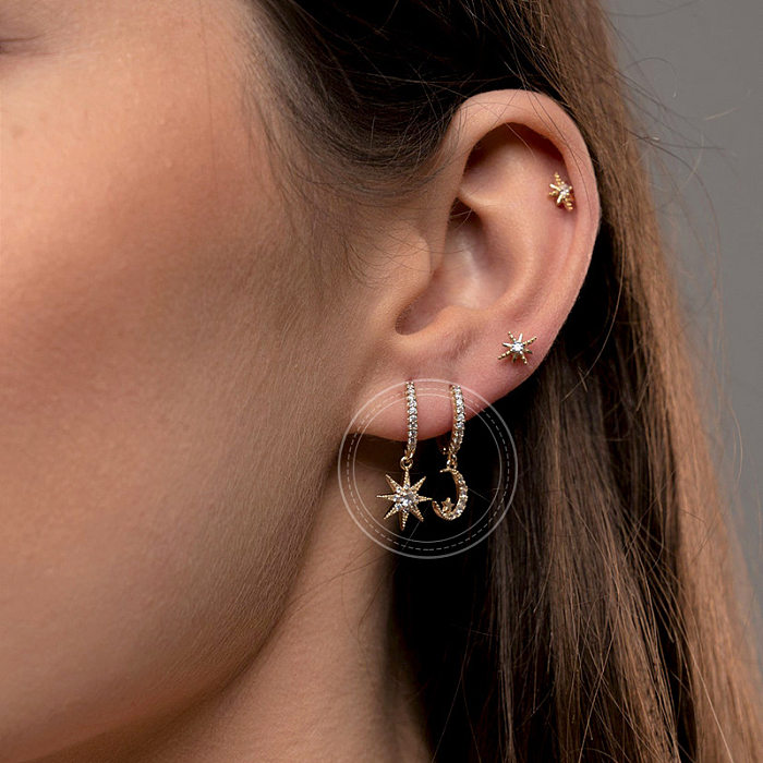 Fashion Copper S925 Silver Needle Zircon Star Moon Ear Asymmetric Hoop Earrings