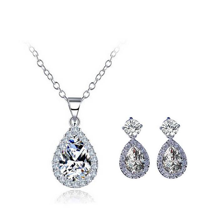 1 Set Fashion Water Droplets Copper Inlaid Zircon Earrings Necklace