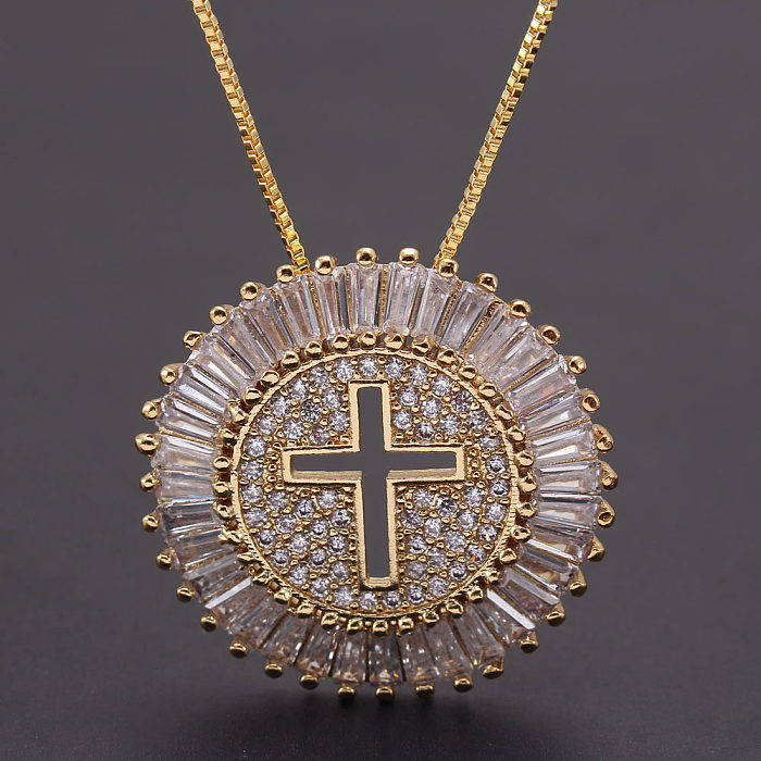 Retro Round Copper Plating Inlay Zircon 18K Gold Plated Pendant Necklace