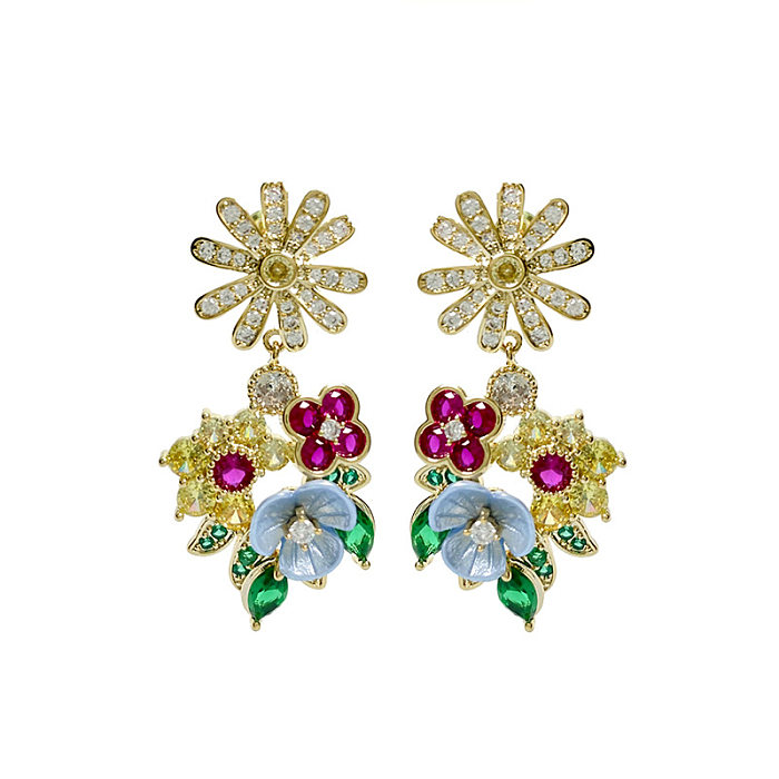 1 Pair Retro Exaggerated Flower Inlay Copper Zircon Drop Earrings