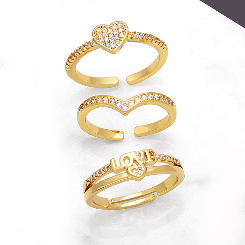 Estilo simples streetwear amor coração forma cobre chapeamento inlay zircon 18k banhado a ouro anéis abertos