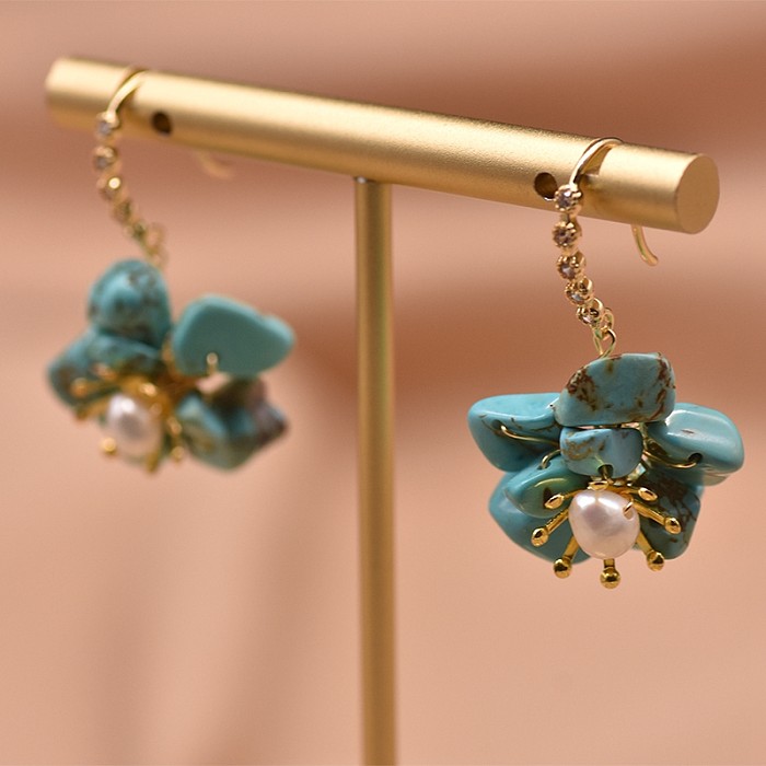 Crochet d'oreille plaqué or 1 carats, 18 paire de perles d'eau douce en cuivre plaqué fleur de Style Vintage