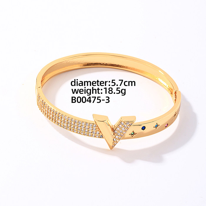 Casual Elegant Shiny V Shape Geometric Devil'S Eye Copper Plating Inlay Turquoise Zircon Gold Plated Bangle