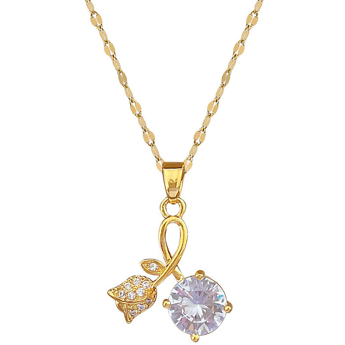 Modern Style Classic Style Rose Titanium Steel Copper Plating Inlay Artificial Gemstones Gold Plated Pendant Necklace