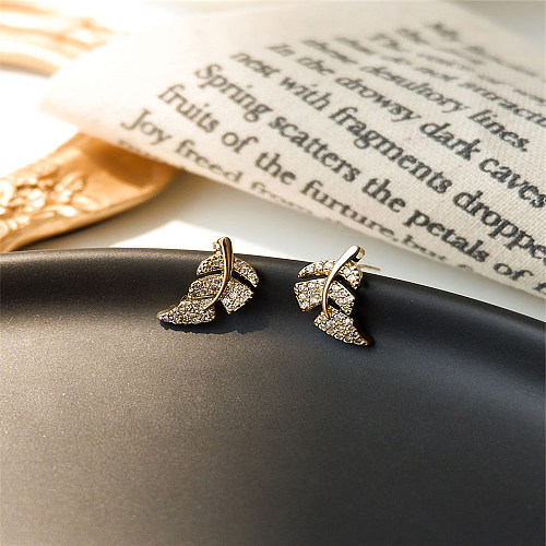 1 Pair Simple Style Leaf Copper Plating Inlay Zircon 24K Gold Plated Ear Studs