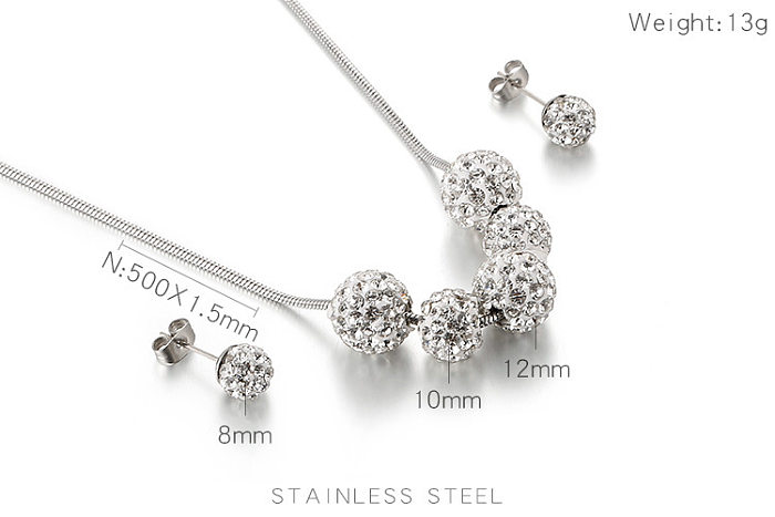 Conjunto de pendientes y collar de cuentas redondas pequeñas con diamantes de imitación de temperamento coreano, joyería de bolas de acero inoxidable
