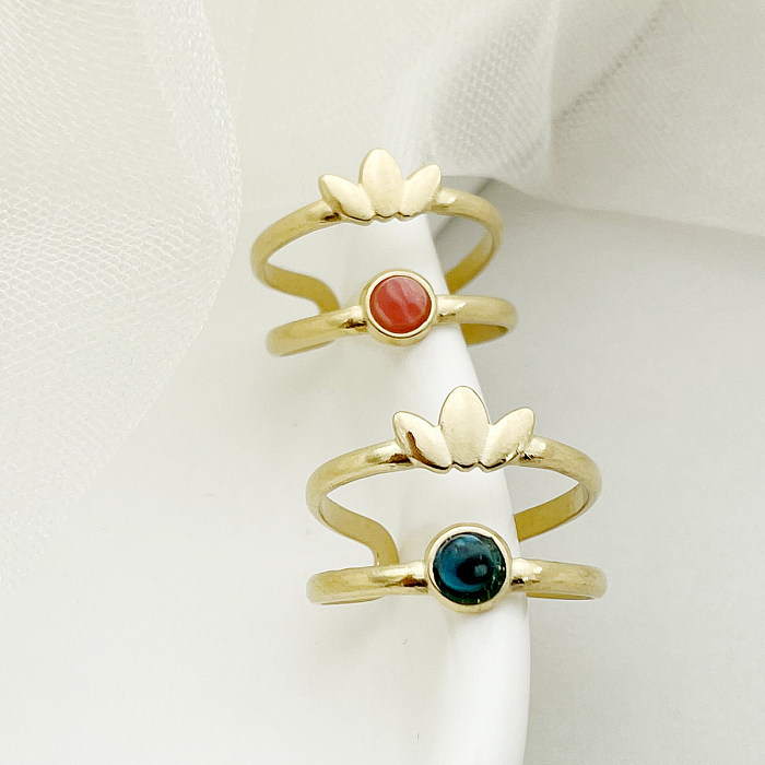 Elegant Luxurious Round Crown Stainless Steel Natural Stone Plating Inlay Artificial Gemstones Gold Plated Open Ring