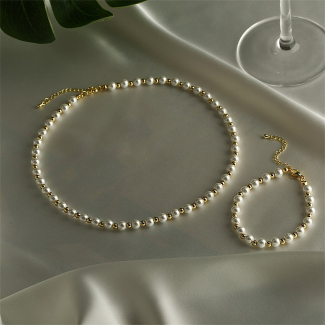 Baroque Style Round Copper Beaded Pearl Plating Gold Plated Bracelets Necklace