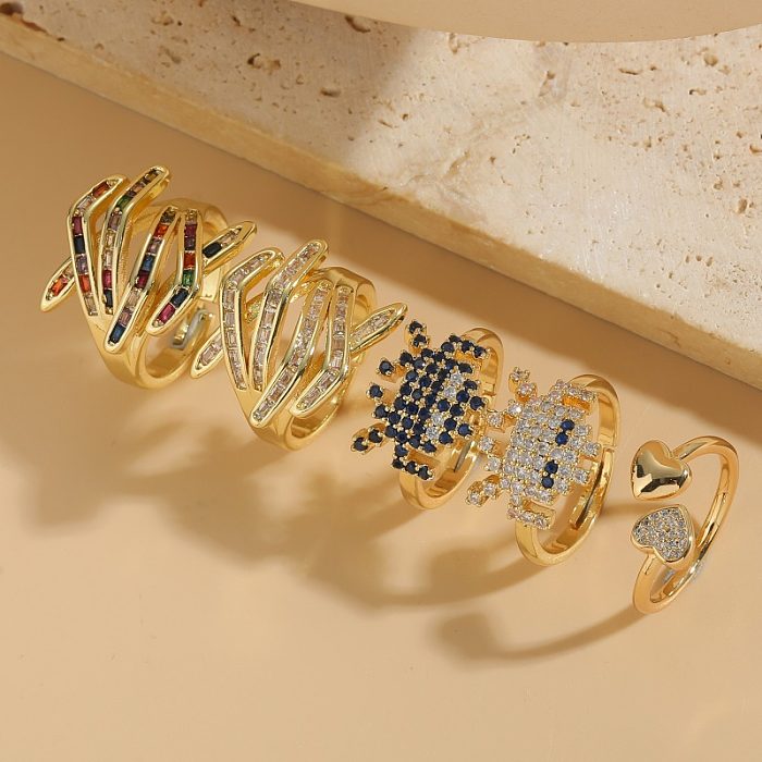 Elegant Classic Style Heart Shape Copper Asymmetrical Zircon 14K Gold Plated Open Rings