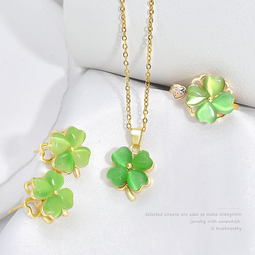 Fashion Four Leaf Clover Heart Shape Titanium Steel Plating Inlay Rhinestones Opal Rings Earrings Necklace