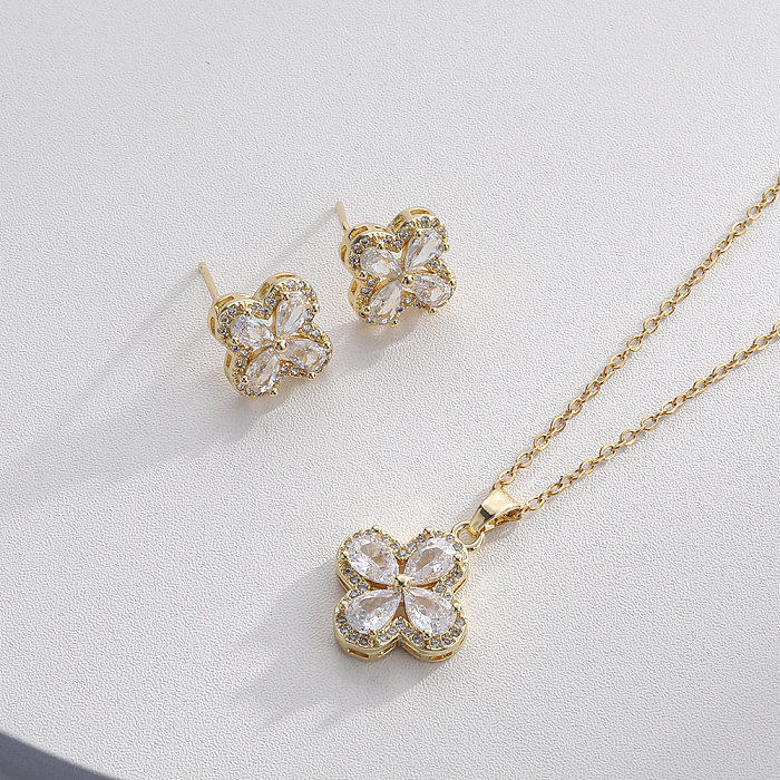 Sweet Four Leaf Clover Copper Plating Inlay Zircon Earrings Necklace