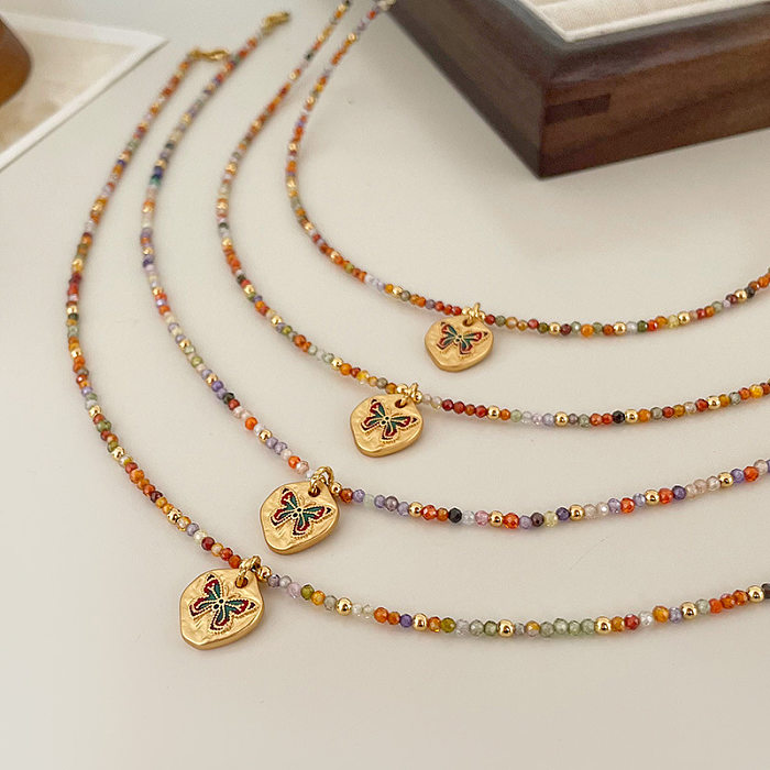 Collier de bracelets en émail perlé en laiton de pierre naturelle de papillon de style ethnique