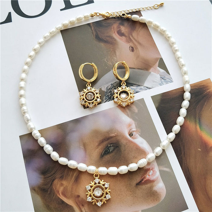 Schlichter Stil mit Blumen-Kupfer-Perlen-Inlay-Zirkon-Ohrring-Halskette