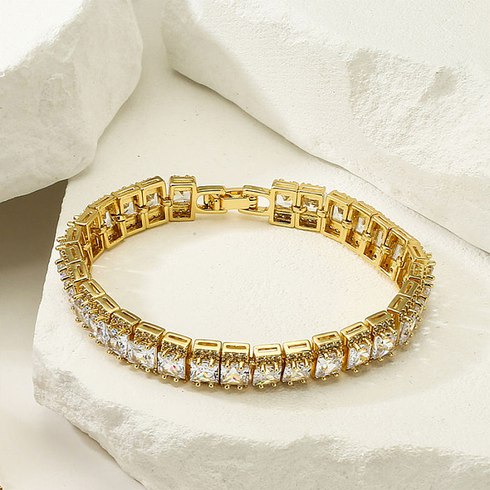 Luxurious Cool Style Shiny Color Block Square Copper Plating Inlay Zircon 18K Gold Plated Tennis Bracelet