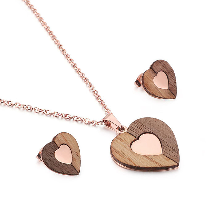 Fashion Titanium Steel Wooden Heart-shaped Earrings Necklace Set Wholesale jewelry