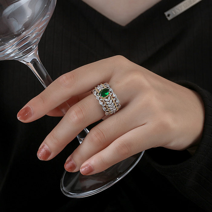 Retro Oval Copper Plating Hollow Out Inlay Zircon Open Rings