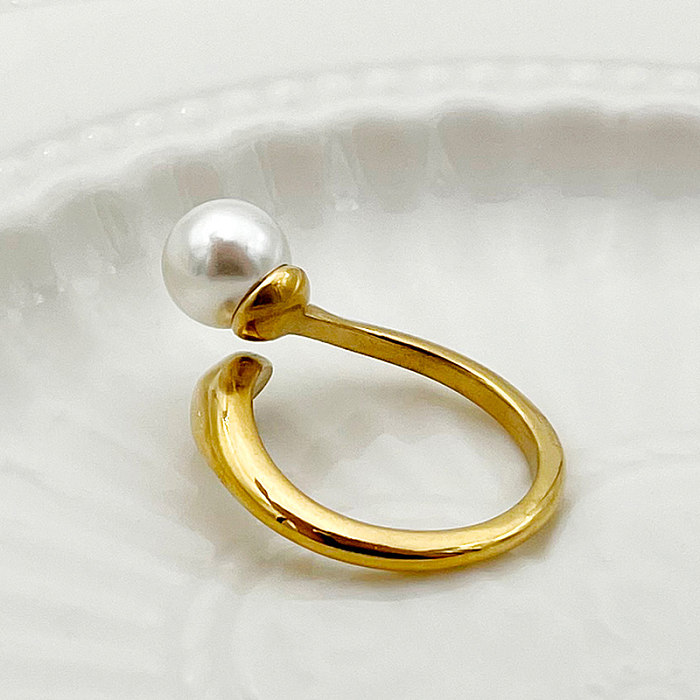 Wholesale Simple Style Roman Style Commute Round Stainless Steel Plating Inlay Gold Plated Pearl Rings