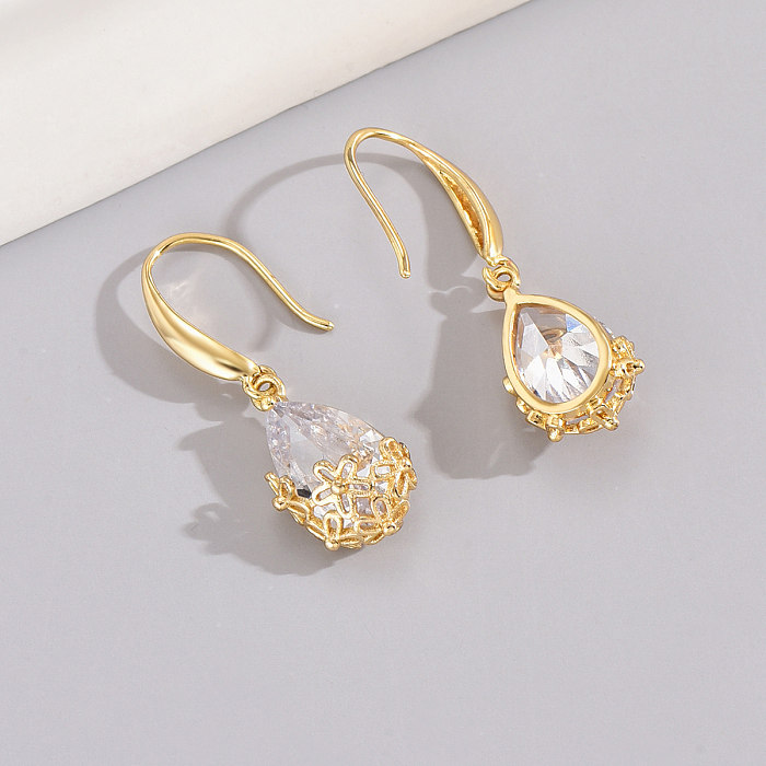 1 Pair Elegant Glam Luxurious Water Droplets Flower Inlay Copper Zircon Drop Earrings