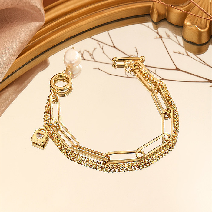 Elegante estilo romano streetwear formato de coração pulseiras de cobre pérola de água doce