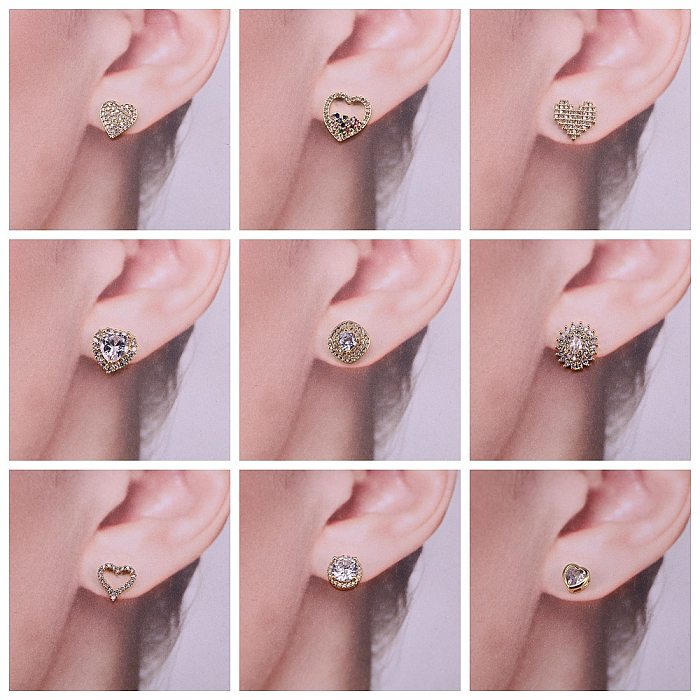 Boucles d'oreilles coréennes en cuivre, Micro-ensemble en Zircon, cœur de pêche, ananas, géométriques, douces