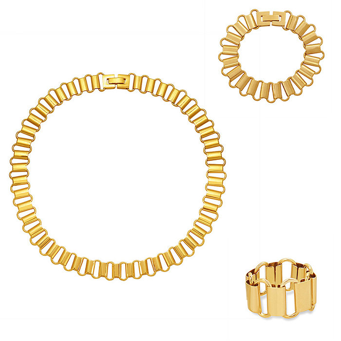 Modisches hohles geometrisches Ring-Halsketten-Armband-Set, Titanstahl, 18 Karat vergoldeter Schmuck