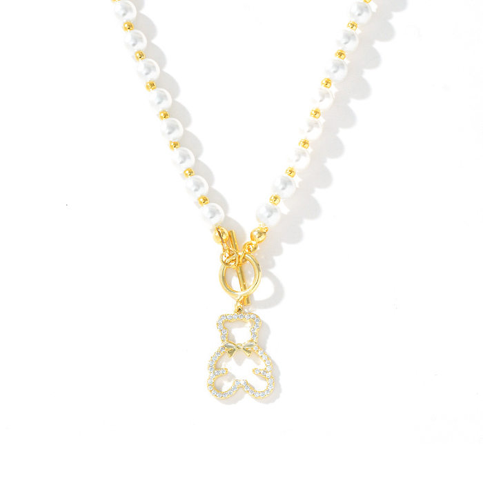 Elegante Halskette mit geometrischem Bären-Imitationsperle und Kupfer-Strasssteinen, 1 Stück