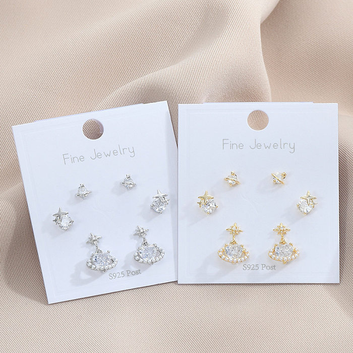 3 Pairs Simple Style Star Copper Inlay Artificial Pearls Zircon Ear Studs
