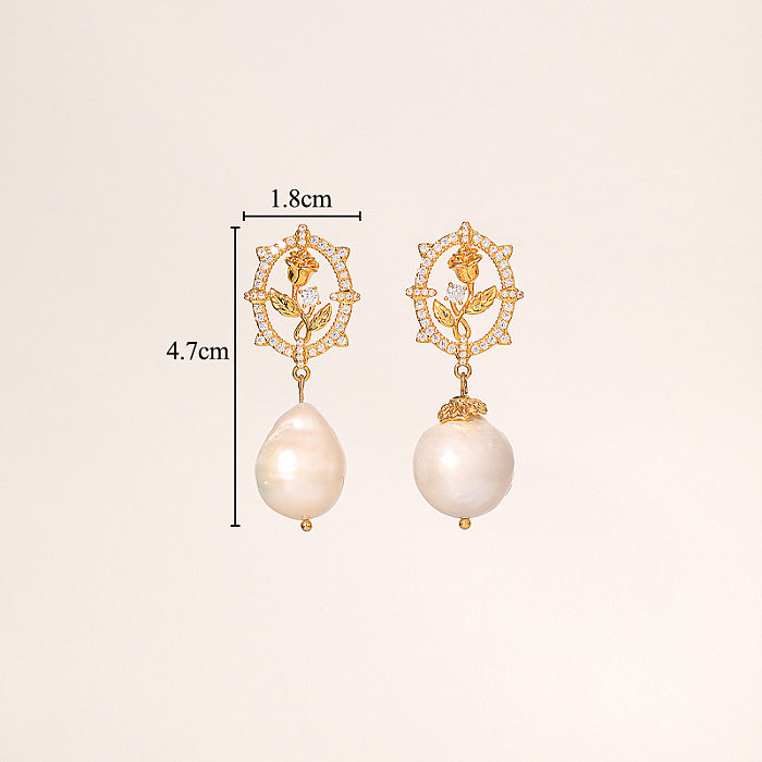 1 paire de boucles d'oreilles ovales élégantes en placage de Rose, incrustation de perles d'imitation en cuivre et Zircon